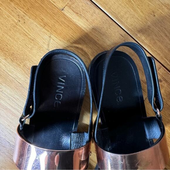 Vince Black Leather Rose Gold Ankle Strap Flat Sandals Size 7 - Picture 3 of 6